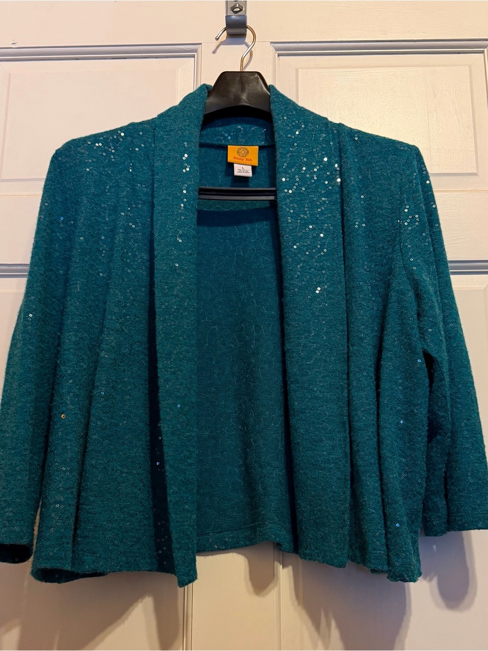 Ruby Rd. Teal Sequin Open-Front Women's Cardigan - 3/4 sleeve - large